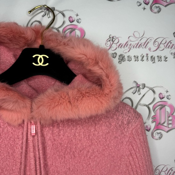 Bebe Pom Pom angora rabbit fur trim hood zip up sweater hoodie pink coral y2k - Picture 10 of 15